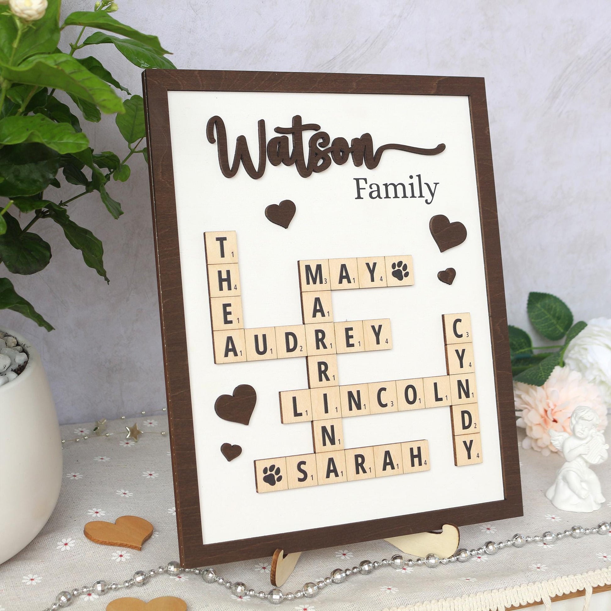 Personalized Scrabble Puzzle Sign, Custom Family Name Sign, Grandkids Crossword Scrabble Wooden Sign, Mothers Day Gift, Home Decor