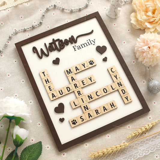 Personalized Scrabble Puzzle Sign, Custom Family Name Sign, Grandkids Crossword Scrabble Wooden Sign, Mothers Day Gift, Home Decor