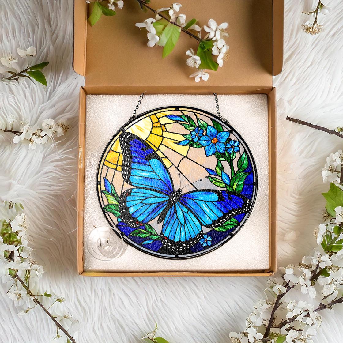 Blue Butterfly Stained Glass Suncatcher Window Hanging,Butterfly Lovers Flower,Insect Suncatcher,Nature Lovers Gift,Mother's Day,Home Decor