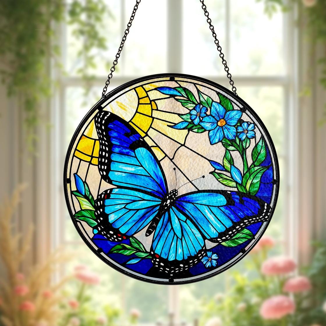 Blue Butterfly Stained Glass Suncatcher Window Hanging,Butterfly Lovers Flower,Insect Suncatcher,Nature Lovers Gift,Mother's Day,Home Decor