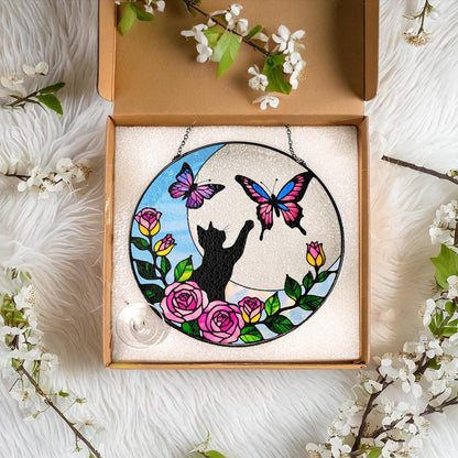 Black Cat Flower Butterfly Suncatcher,Pet Memorial Stained Glass Suncatcher,Loss Of Pet Sympathy,Windows Hangings,Home Decor For Cat Lovers,