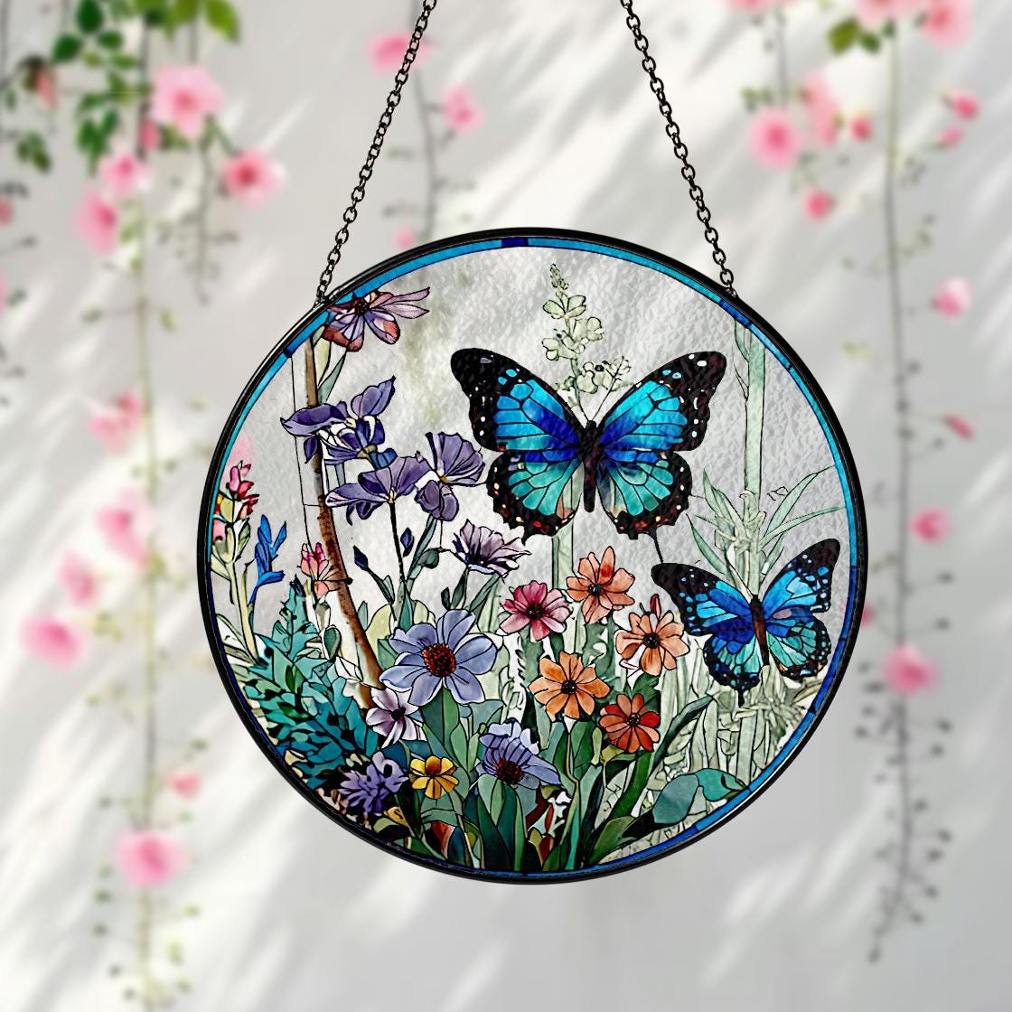 Butterfly Flowers Stained Glass Suncatcher Home Decor,Flowers Stained Glass Window Hanging,Butterfly Decor,Mother's Day,Nature Lover Gift
