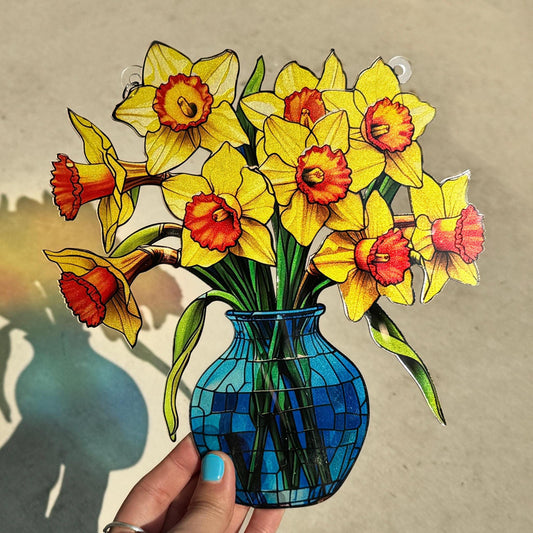 Everlasting Daffodils in Vase Stained Glass Suncatcher, Flowers Acrylic Window Hanging Art Decoration, Mothers day Gift for Mom, Nana Gift