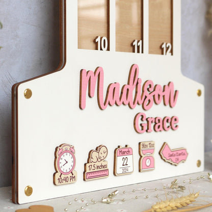 Baby Birth through One Year Monthly Picture Frame Wall Art, Personalized Wooden Photo Frame for Baby, 1st Birthday Decorations, Baby Gift