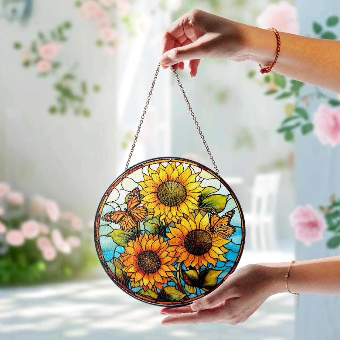 Sunflower Stained Glass Suncatcher Window Hanging,Sunflower Ornament For Garden Lovers,Perfect Gift For Mom,Grandma,Mother Day,Natural Lover