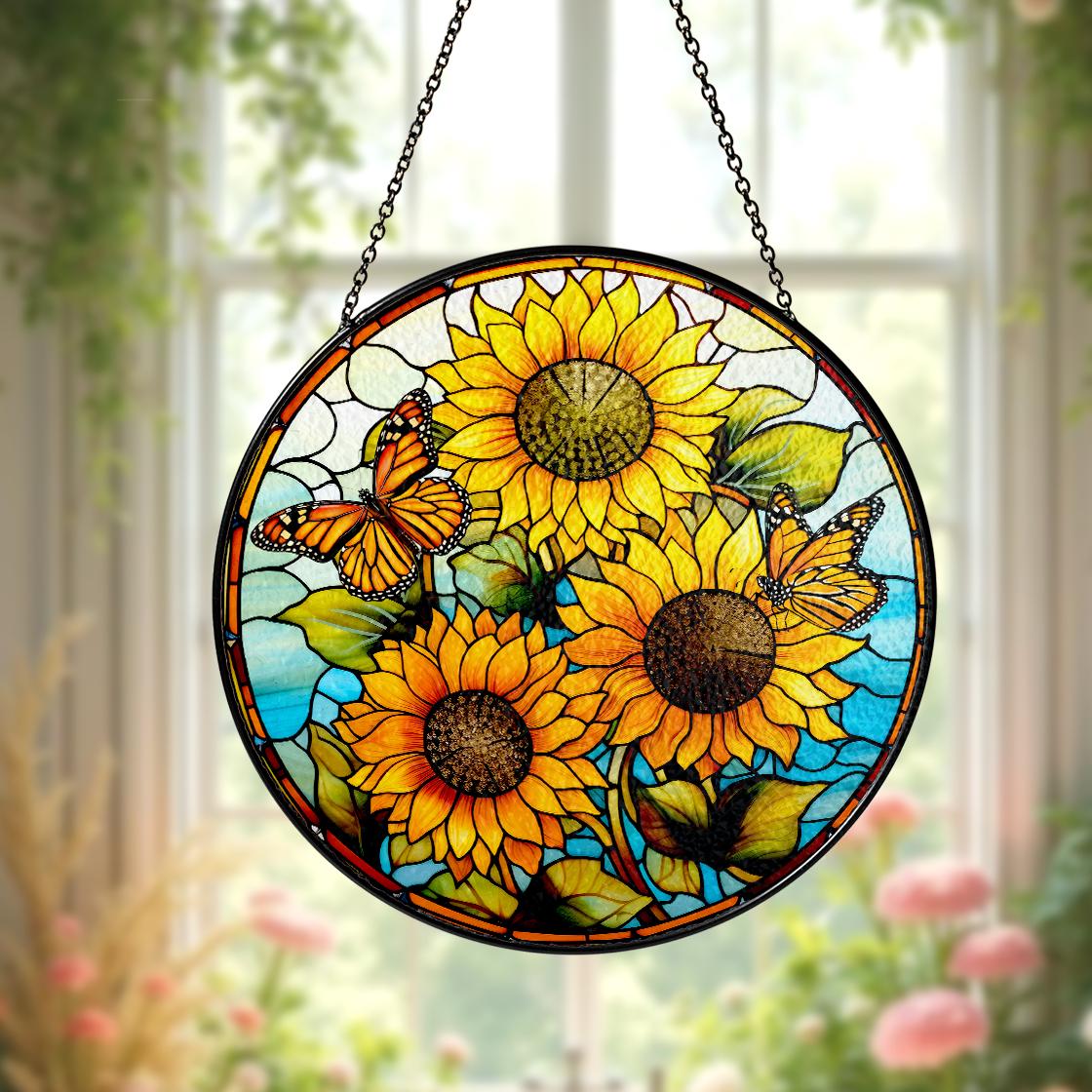 Sunflower Stained Glass Suncatcher Window Hanging,Sunflower Ornament For Garden Lovers,Perfect Gift For Mom,Grandma,Mother Day,Natural Lover