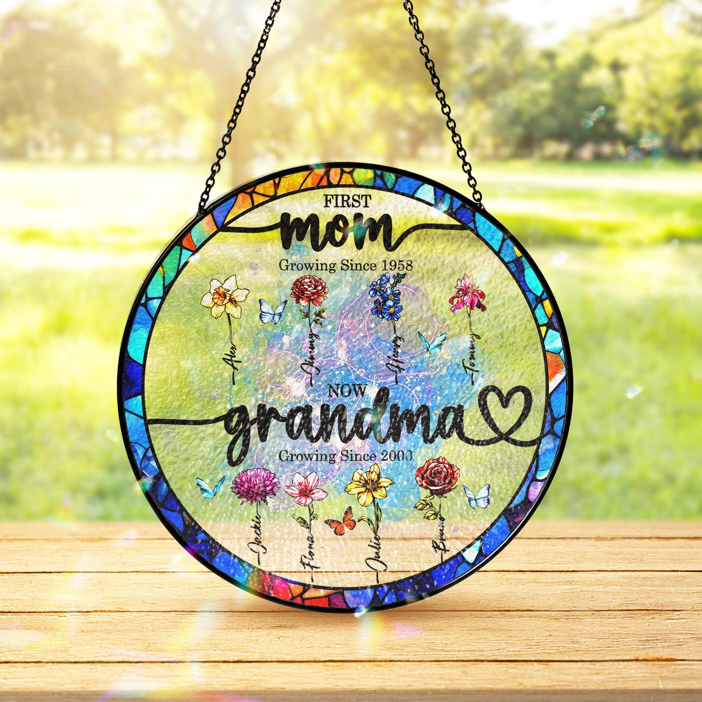 Custom Grandma's Garden Stained Glass Suncatcher, Birth Month Flower Window Hanging, Mothers Day Gift, Nana gift, Gift for Grandma