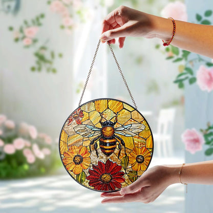 Honey Bee Sunflower Stained Glass Suncatcher Window Hanging,Honeybee Gift For Garden Lovers,Bee Stained Glass Suncatcher,Grandma Nana Gift