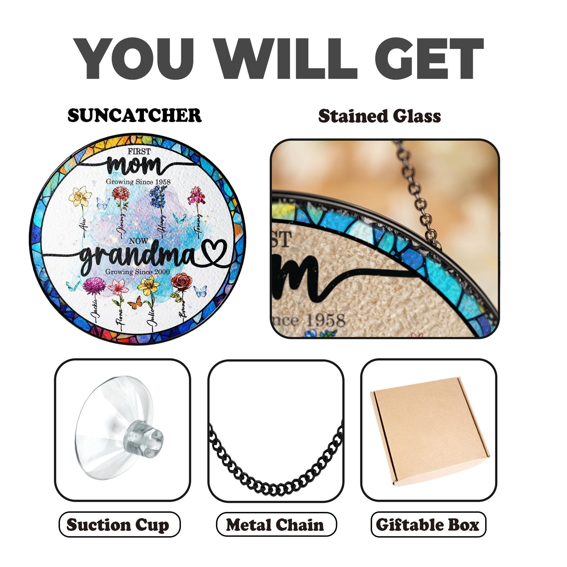 Custom Grandma's Garden Stained Glass Suncatcher, Birth Month Flower Window Hanging, Mothers Day Gift, Nana gift, Gift for Grandma