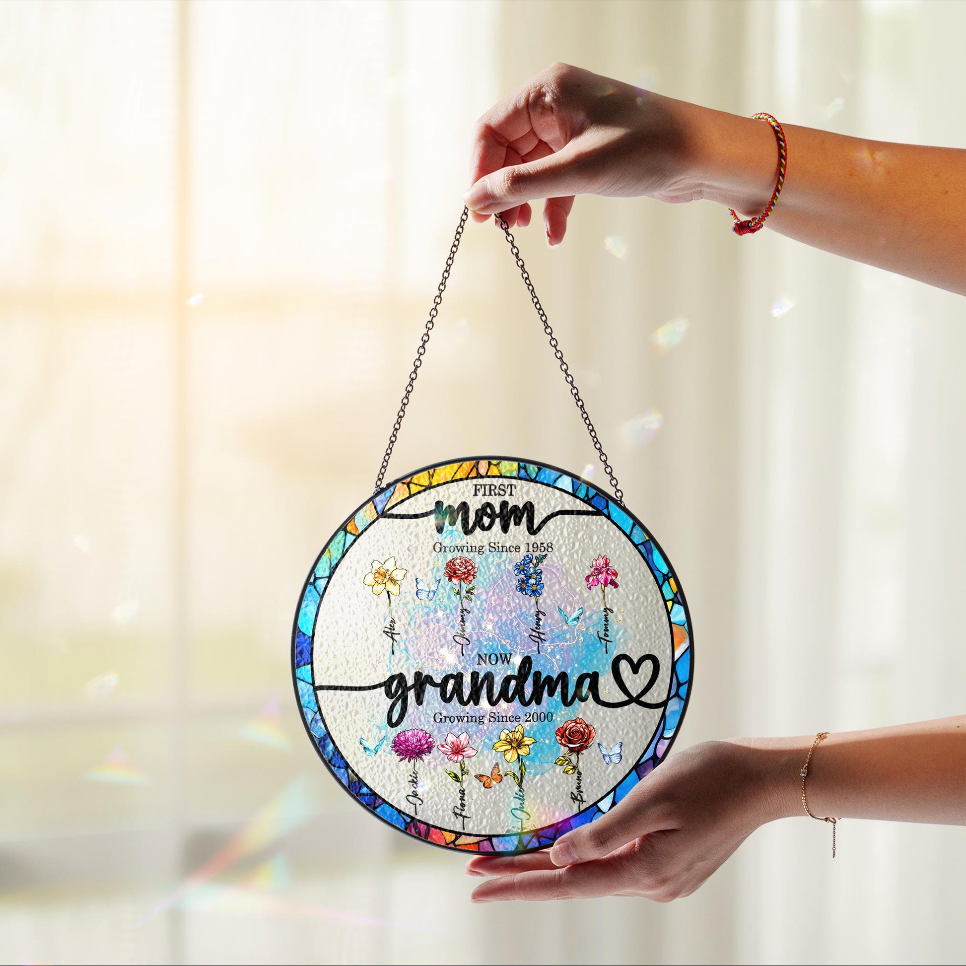 Custom Grandma's Garden Stained Glass Suncatcher, Birth Month Flower Window Hanging, Mothers Day Gift, Nana gift, Gift for Grandma