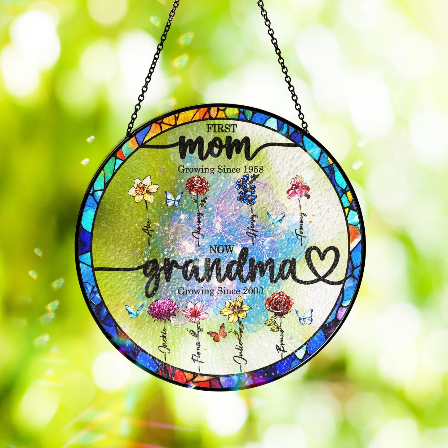 First Mom Now Grandma Stained Glass Suncather Personalized Birth Month Flower Window Hanging,Mother Day Gift,Gift for Mom,Grandma Home Decor