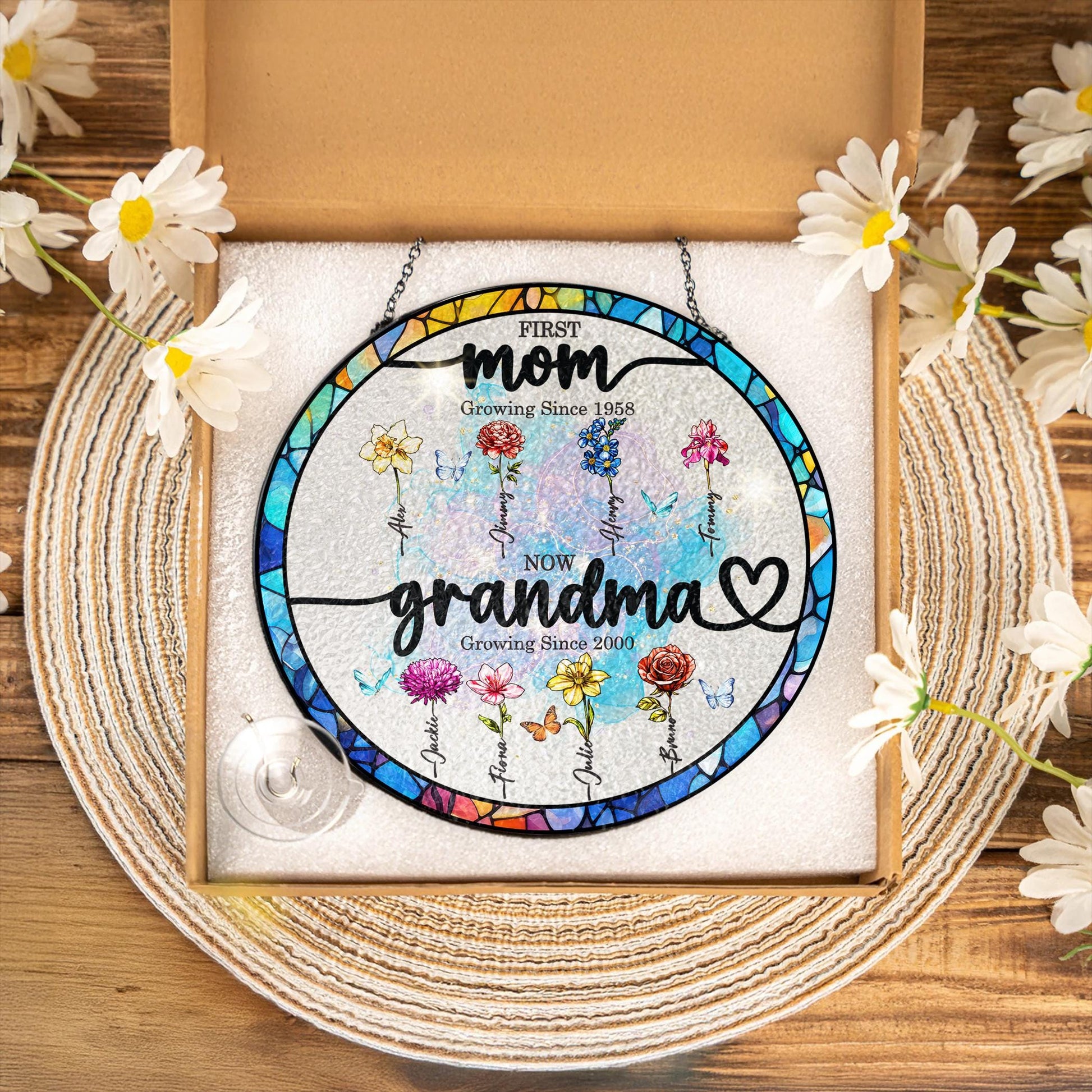 Custom Grandma's Garden Stained Glass Suncatcher, Birth Month Flower Window Hanging, Mothers Day Gift, Nana gift, Gift for Grandma