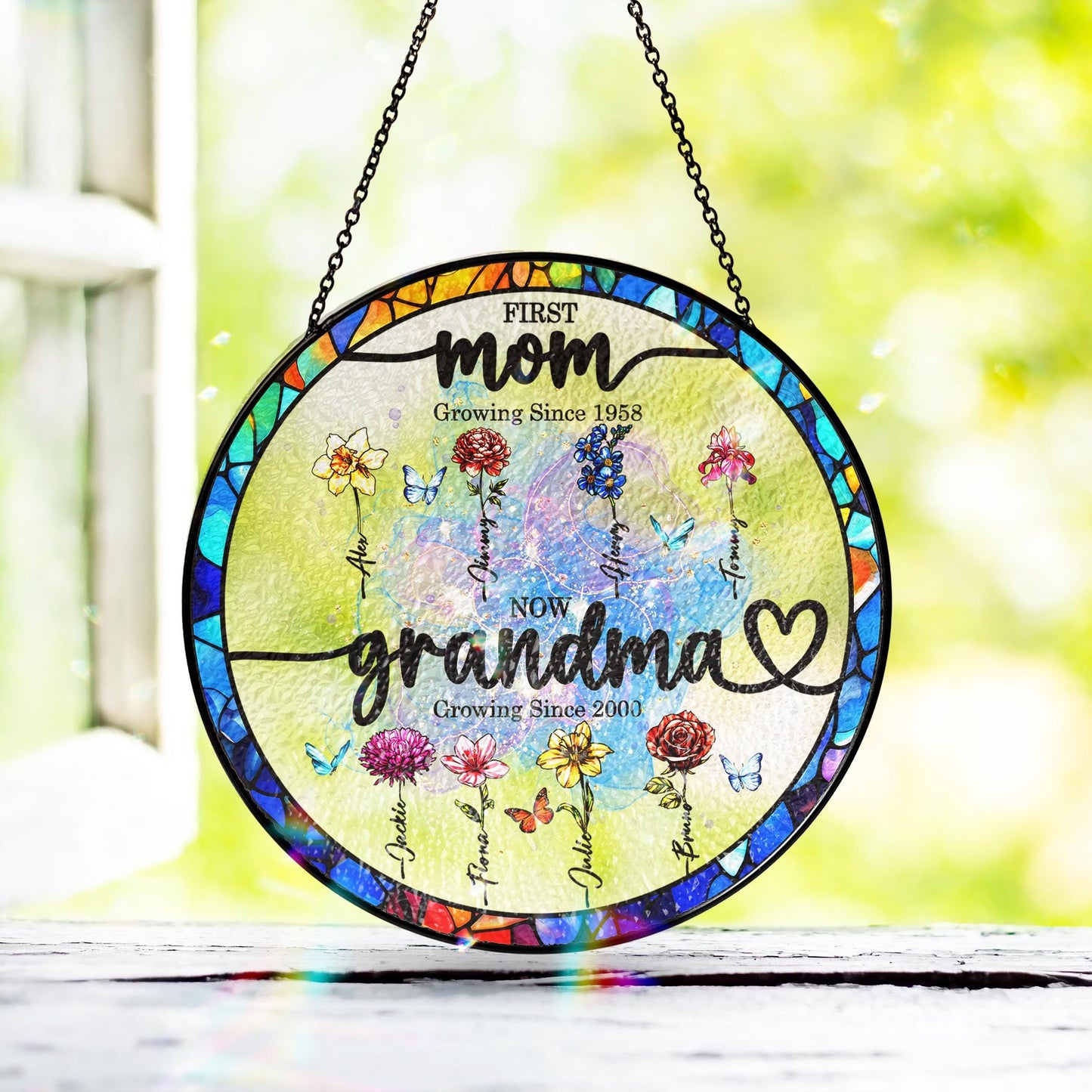 Custom Grandma's Garden Stained Glass Suncatcher, Birth Month Flower Window Hanging, Mothers Day Gift, Nana gift, Gift for Grandma