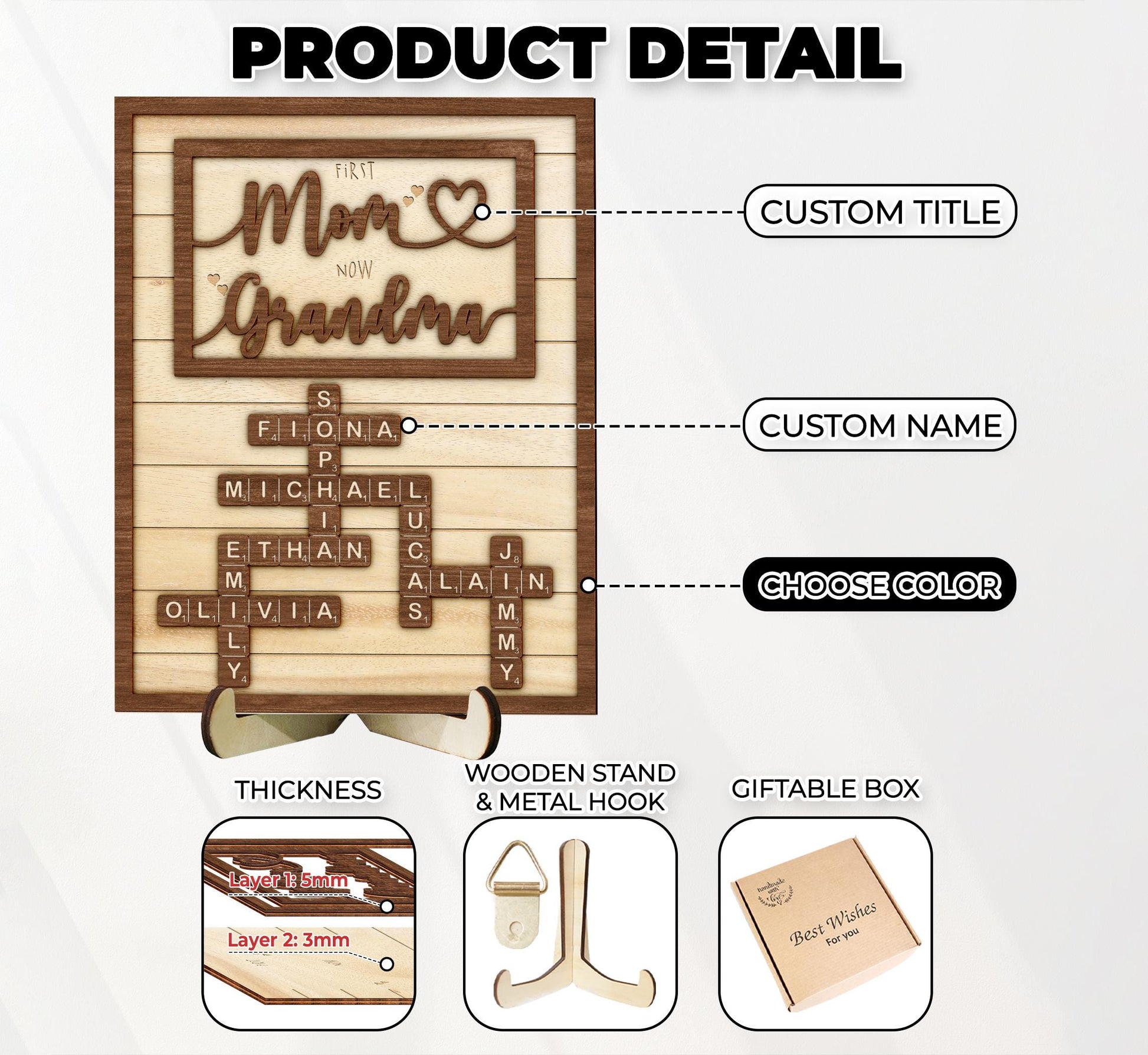 Grandma Scrabble Letters Sign with Kids Name, Custom Grandma Crosswords Mothers Day Gift, Gift for Mom, Nana Gift, Grandkids Name Keepsake,