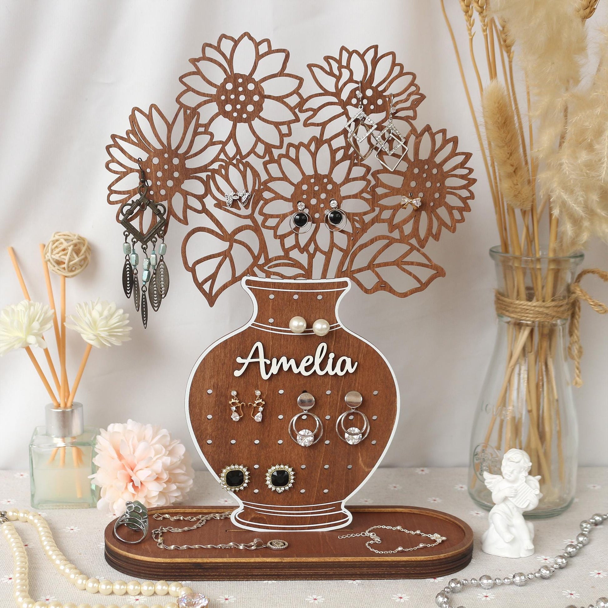 Jewelry Organizer Personalized Earring Stand Sunflower Jewelry Organization Earring Holder Birthday Gifts for Her Mothers Day Gifts