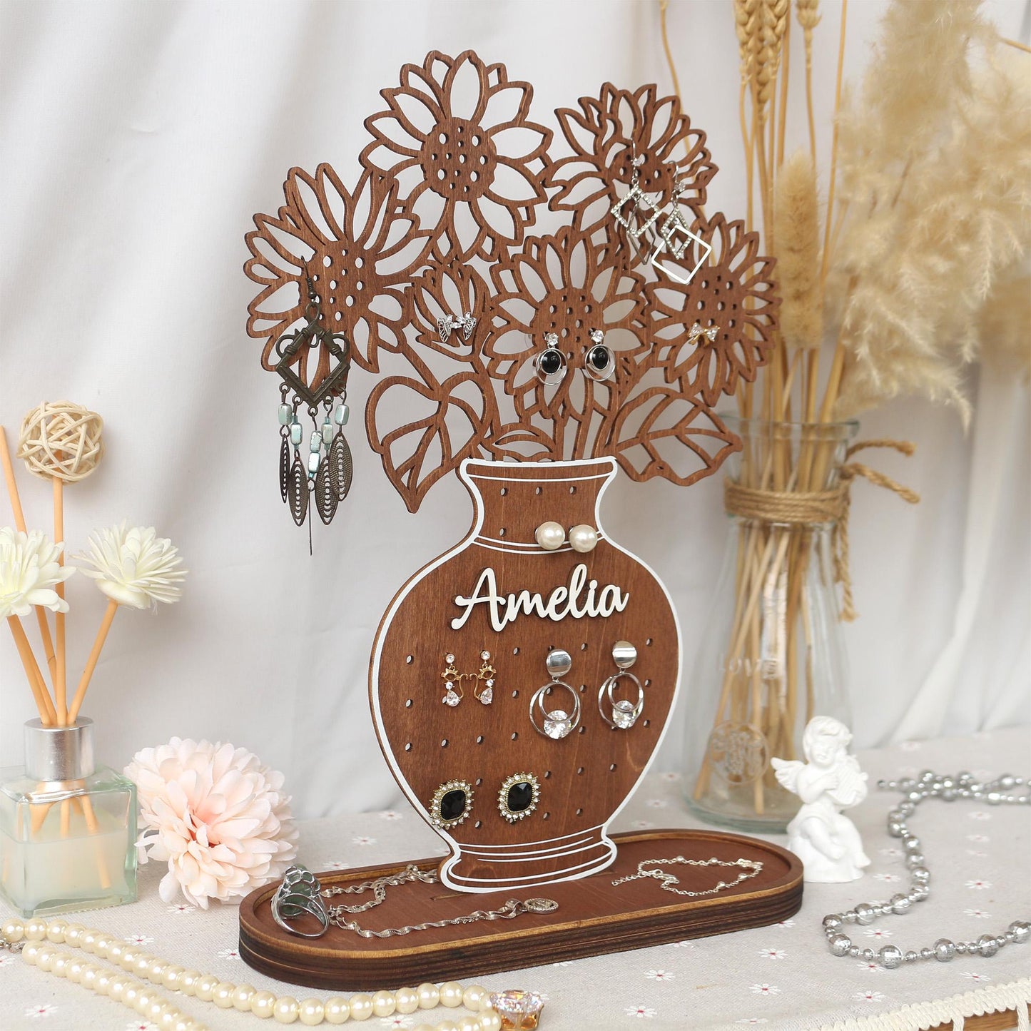 Jewelry Organizer Personalized Earring Stand Sunflower Jewelry Organization Earring Holder Birthday Gifts for Her Mothers Day Gifts