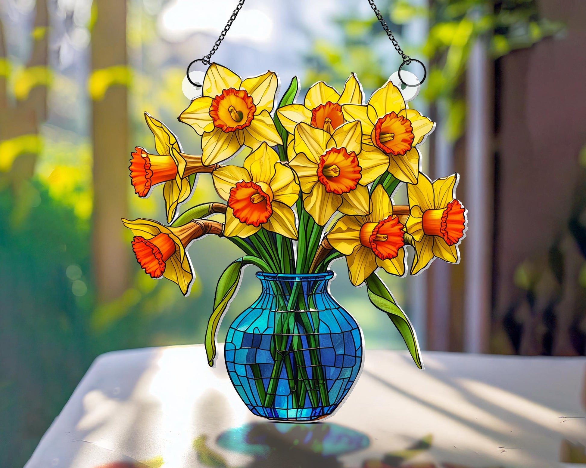 Everlasting Daffodils in Vase Stained Glass Suncatcher, Flowers Acrylic Window Hanging Art Decoration, Mothers day Gift for Mom, Nana Gift