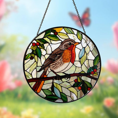 Robin Bird Stained Glass Suncatcher Decor Home,Bird Flower Natural Art,Bird Lovers Gift,Nature Inspired Gift,Anniversary Gift,Gift For Mom.