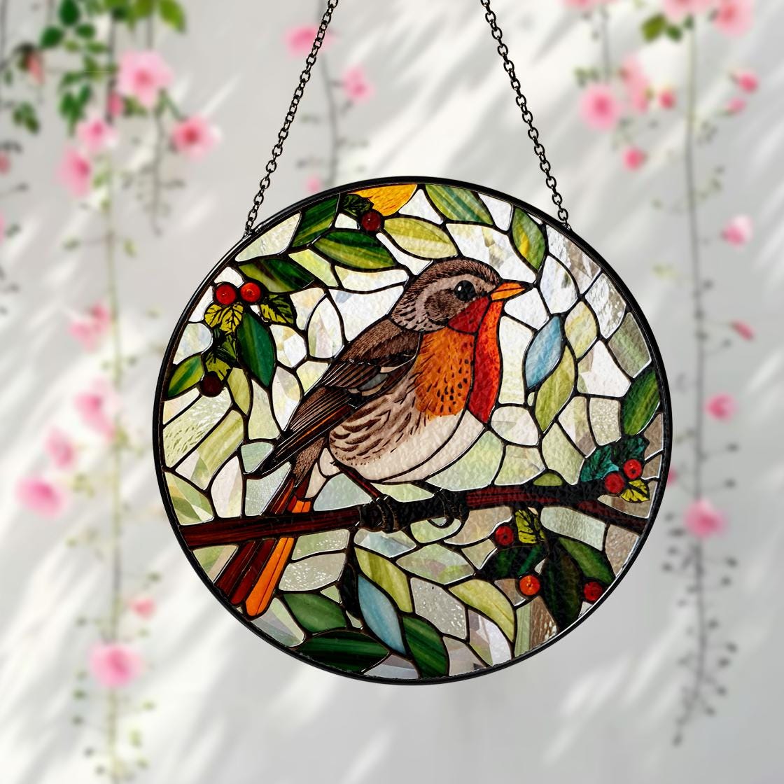 Robin Bird Stained Glass Suncatcher Decor Home,Bird Flower Natural Art,Bird Lovers Gift,Nature Inspired Gift,Anniversary Gift,Gift For Mom.