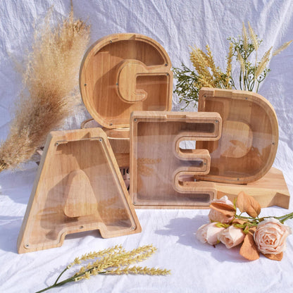 Wooden letter piggy bank with engraved quotes - teaches kids to save money and builds early financial habits,birthday gift for children