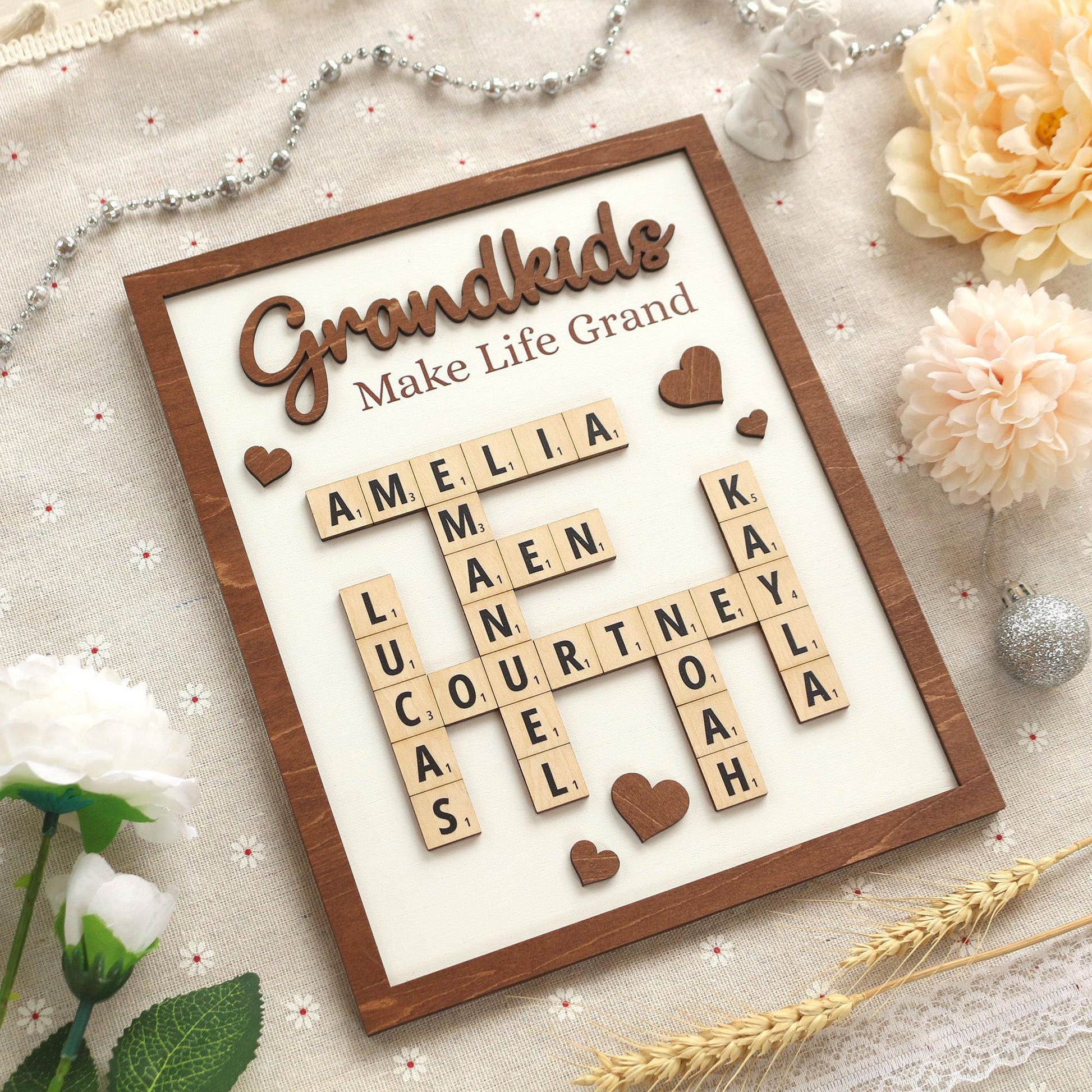 Personalized Scrabble Puzzle Sign, Grandkids Crossword Scrabble Wooden Sign, Custom Family Name, Grandparents Christmas Gift, Home decor