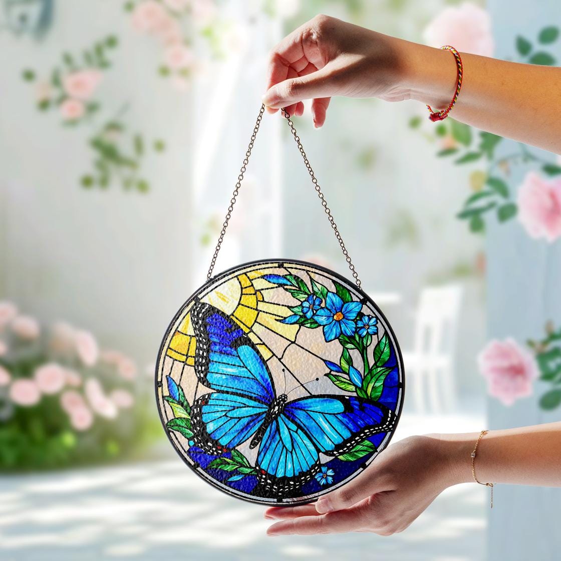 Blue Butterfly Stained Glass Suncatcher Window Hanging,Butterfly Lovers Flower,Insect Suncatcher,Nature Lovers Gift,Mother's Day,Home Decor