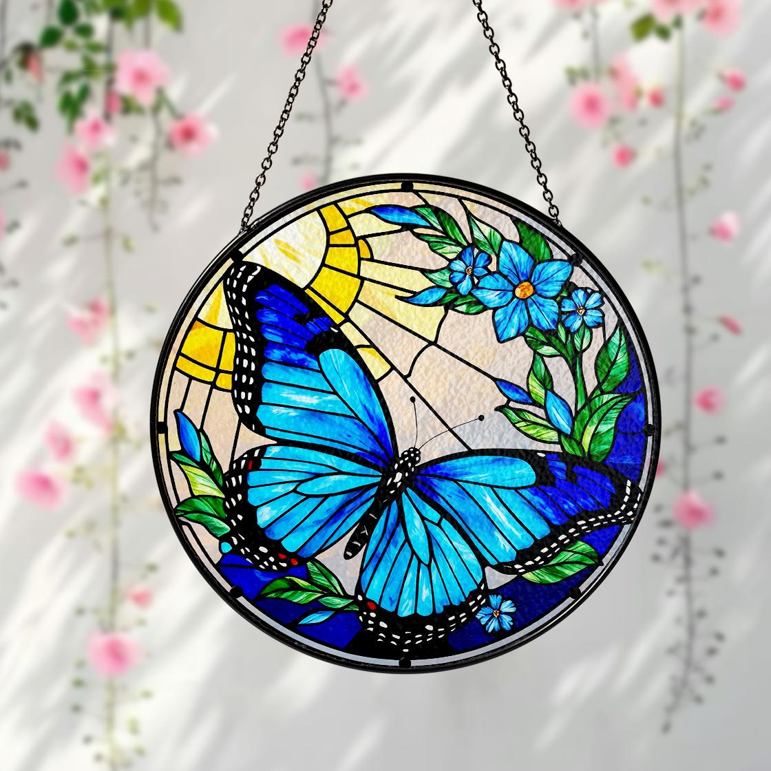 Blue Butterfly Stained Glass Suncatcher Window Hanging,Butterfly Lovers Flower,Insect Suncatcher,Nature Lovers Gift,Mother's Day,Home Decor