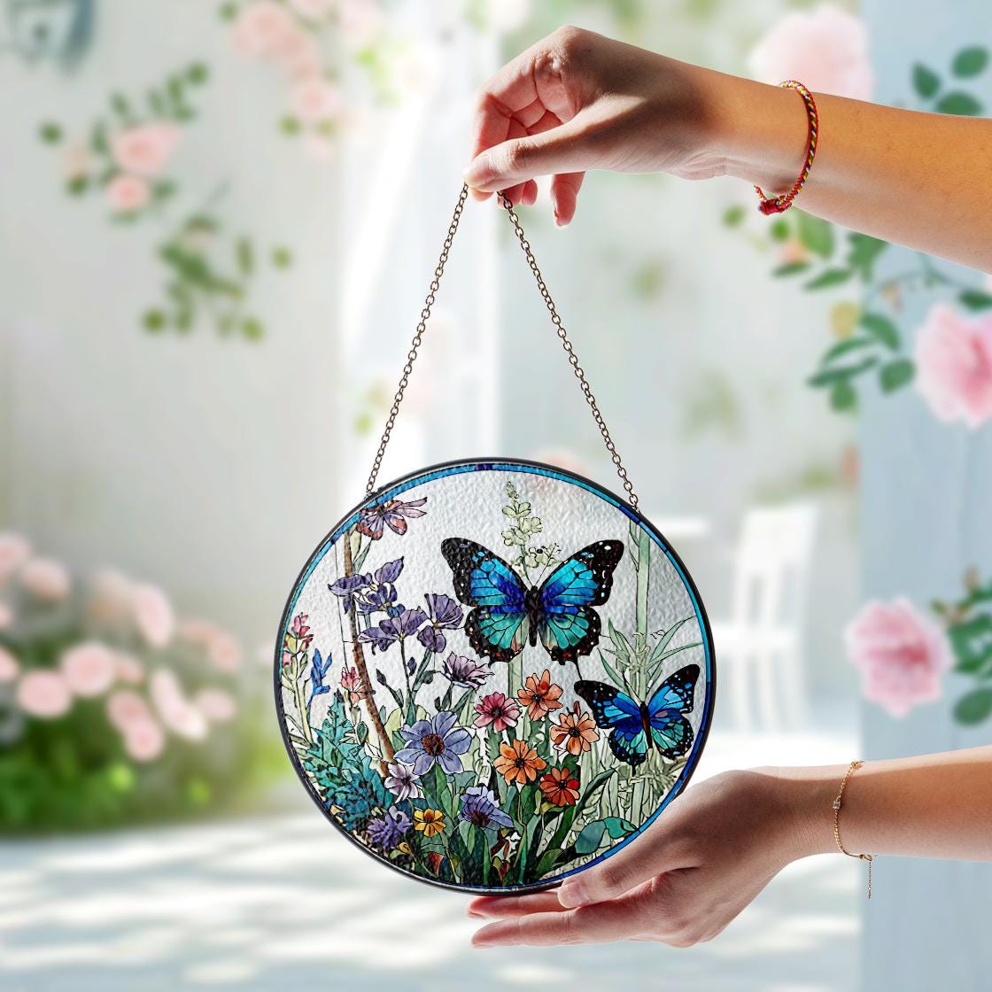 Butterfly Flowers Stained Glass Suncatcher Home Decor,Flowers Stained Glass Window Hanging,Butterfly Decor,Mother's Day,Nature Lover Gift
