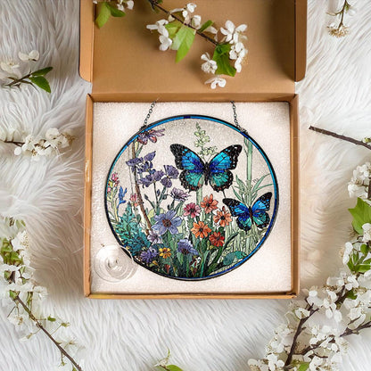 Butterfly Flowers Stained Glass Suncatcher Home Decor,Flowers Stained Glass Window Hanging,Butterfly Decor,Mother's Day,Nature Lover Gift