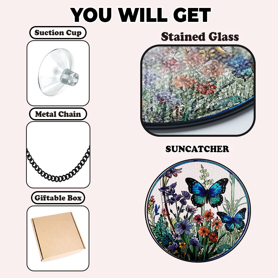 Butterfly Flowers Stained Glass Suncatcher Home Decor,Flowers Stained Glass Window Hanging,Butterfly Decor,Mother's Day,Nature Lover Gift