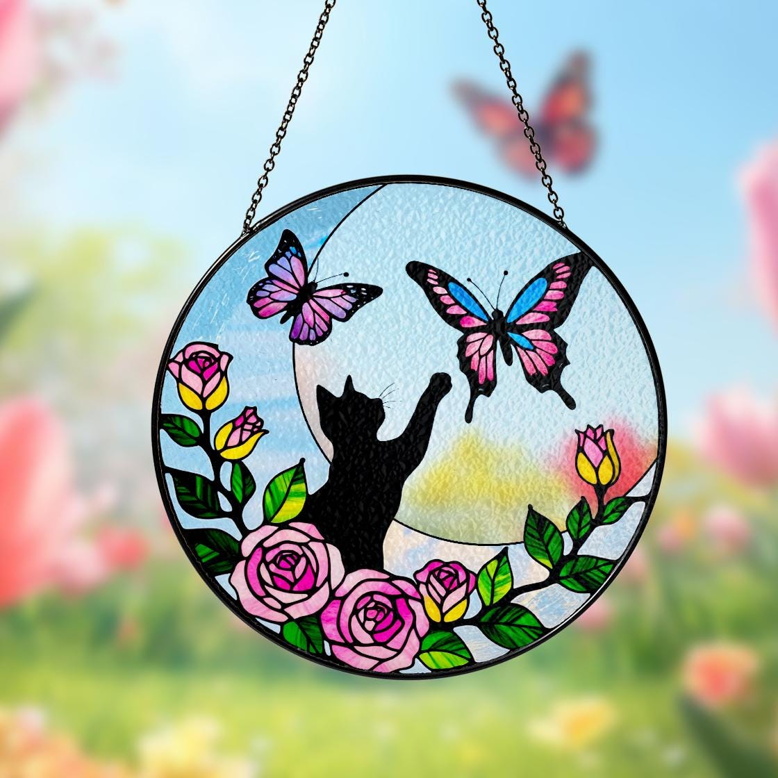 Black Cat Flower Butterfly Suncatcher,Pet Memorial Stained Glass Suncatcher,Loss Of Pet Sympathy,Windows Hangings,Home Decor For Cat Lovers,