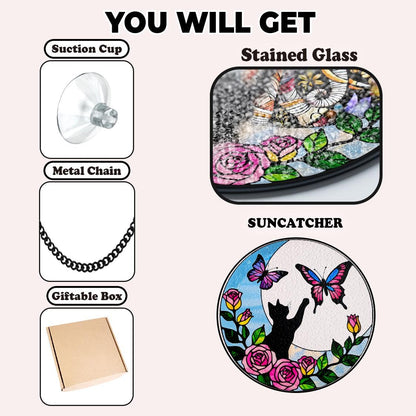 Black Cat Flower Butterfly Suncatcher,Pet Memorial Stained Glass Suncatcher,Loss Of Pet Sympathy,Windows Hangings,Home Decor For Cat Lovers,