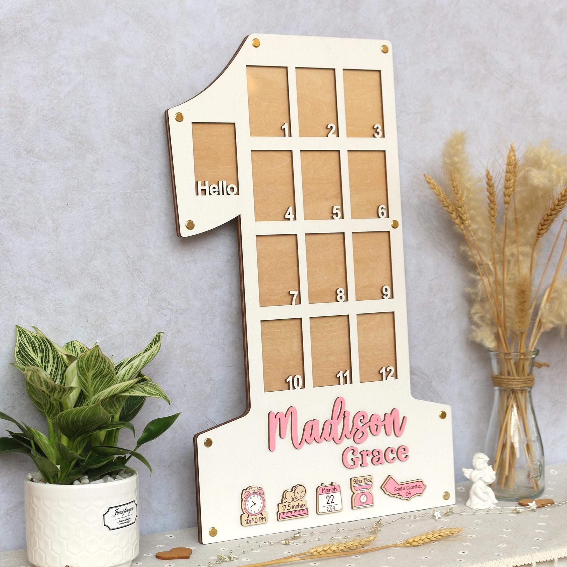 Baby Birth through One Year Monthly Picture Frame Wall Art, Personalized Wooden Photo Frame for Baby, 1st Birthday Decorations, Baby Gift