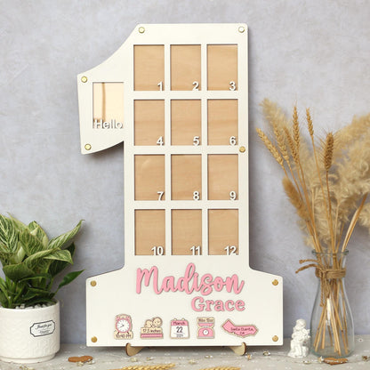 Baby Birth through One Year Monthly Picture Frame Wall Art, Personalized Wooden Photo Frame for Baby, 1st Birthday Decorations, Baby Gift