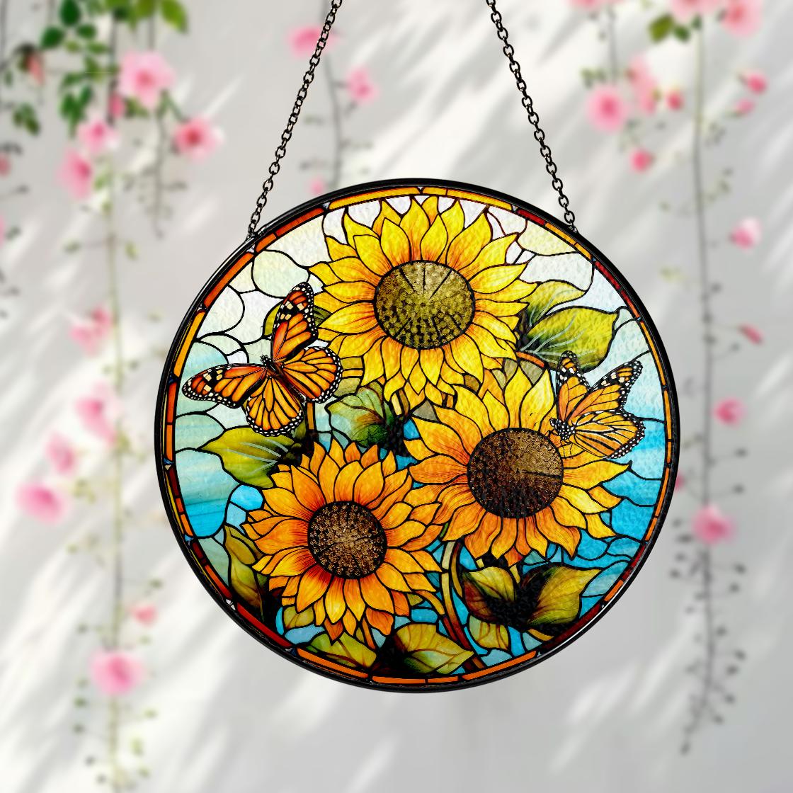Sunflower Stained Glass Suncatcher Window Hanging,Sunflower Ornament For Garden Lovers,Perfect Gift For Mom,Grandma,Mother Day,Natural Lover