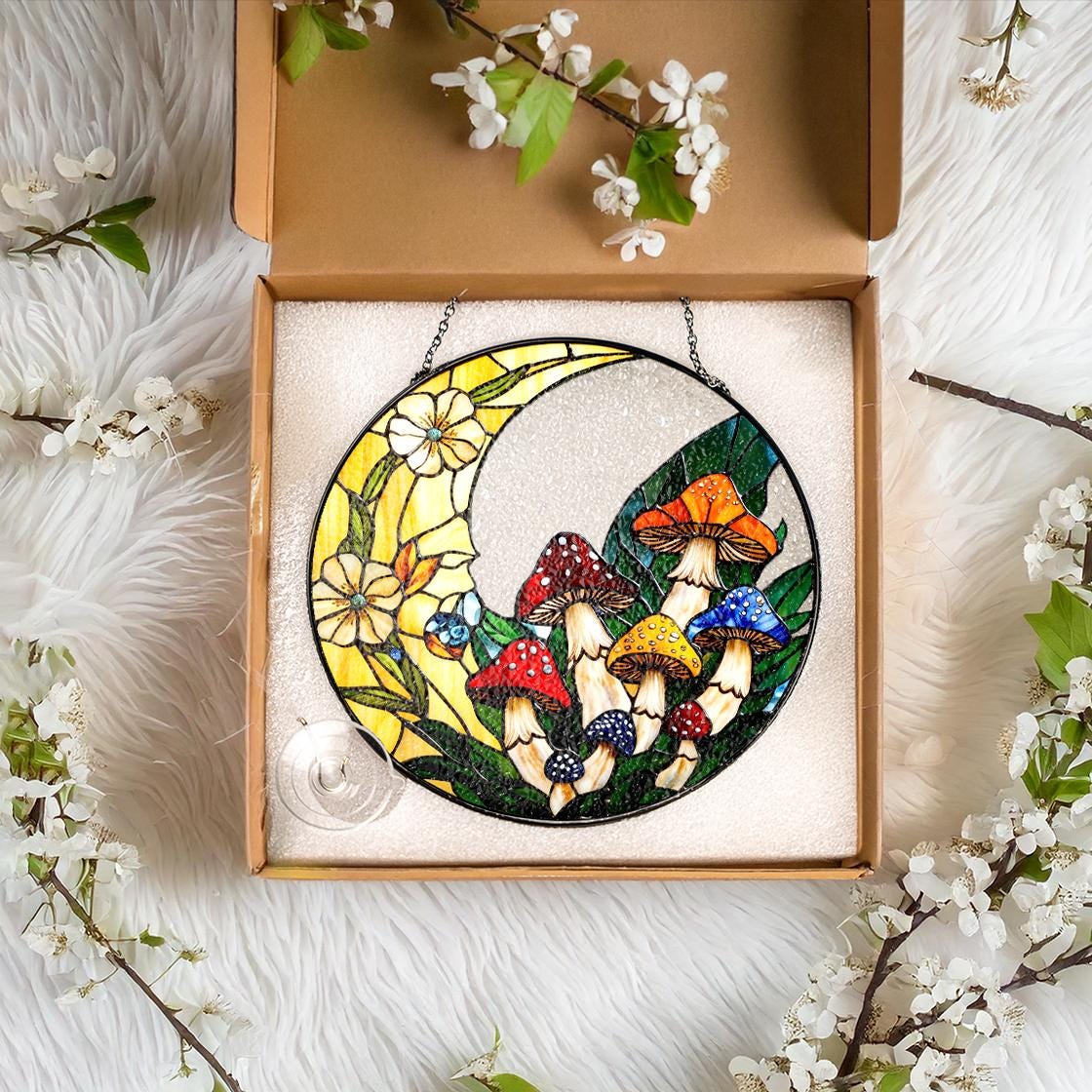 Mushroom Stained Glass Suncatcher Decor Home,Mushroom WallArt,Nature Art Window Hanging,Mother Day Gift,Gift For Grandma Mom Mushroom Lover