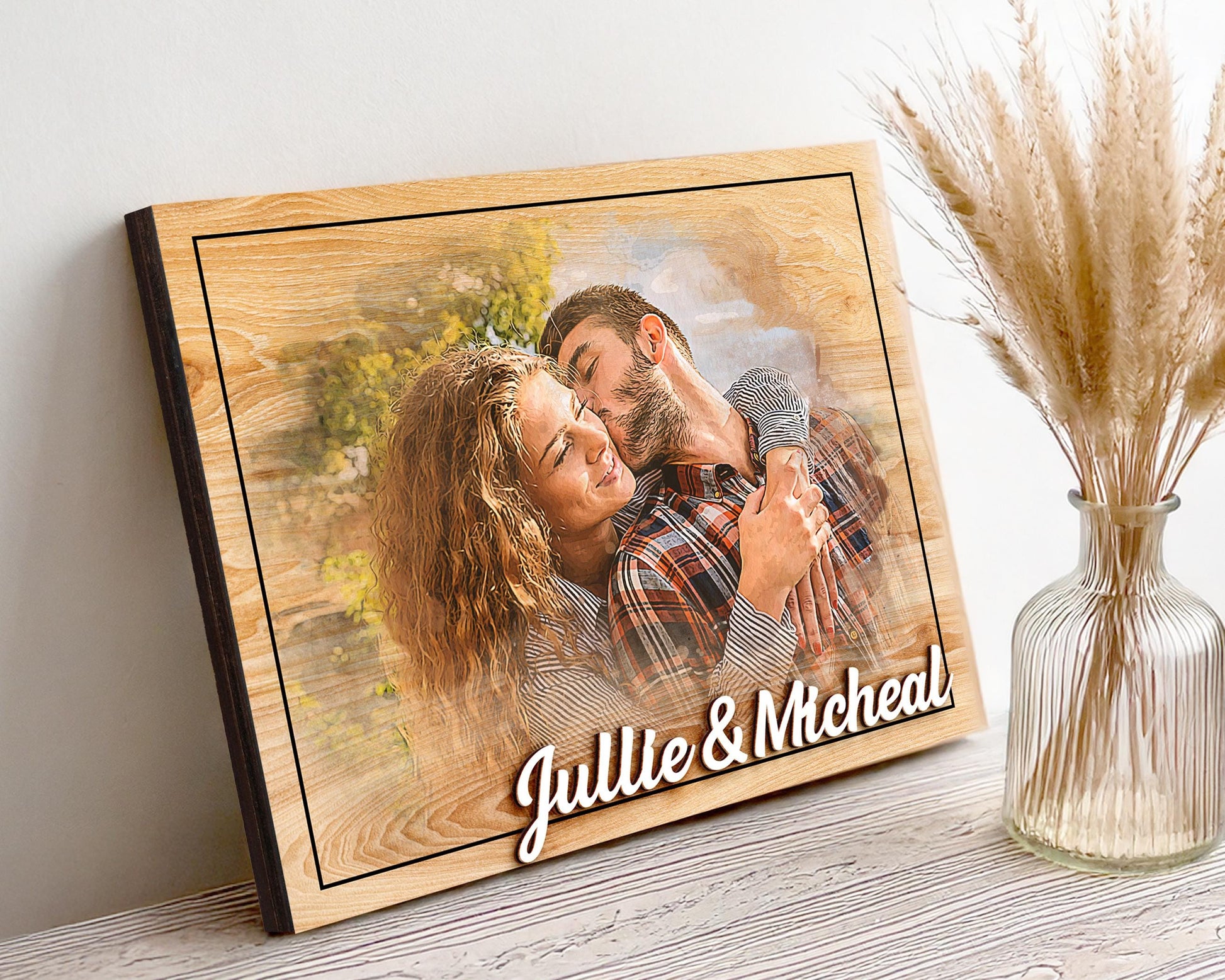 Custom Photo Frame,Photo on Wood with Watercolor Style,Couple Picture Frame Anniversary Wedding,Portrait from Photo,Long Distance Gift