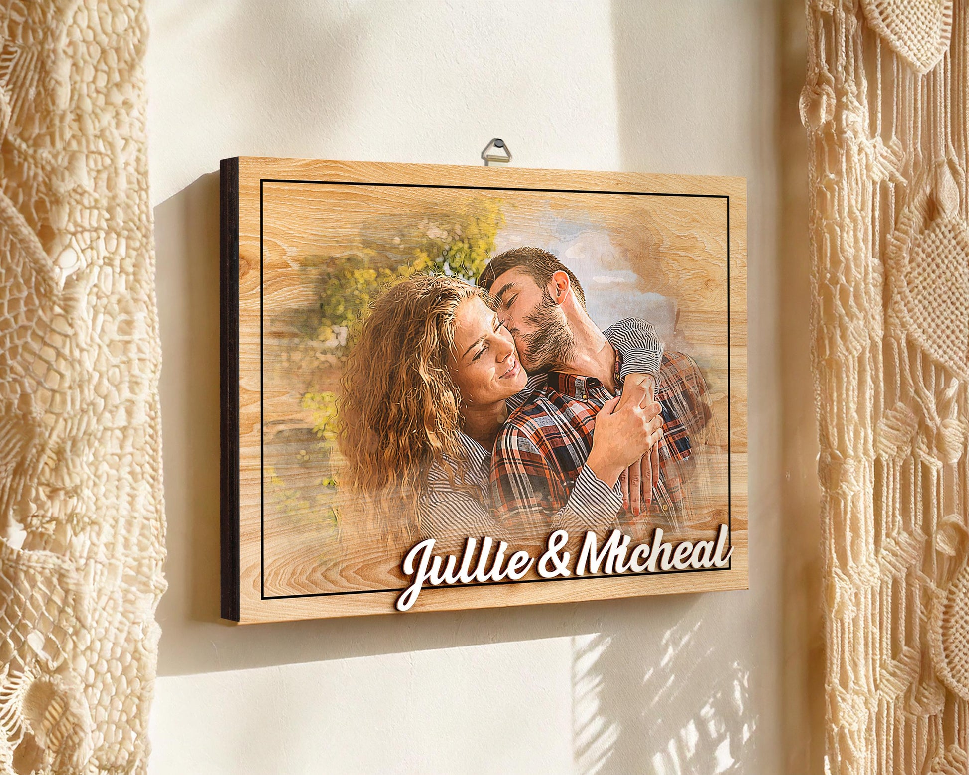 Custom Photo Frame,Photo on Wood with Watercolor Style,Couple Picture Frame Anniversary Wedding,Portrait from Photo,Long Distance Gift