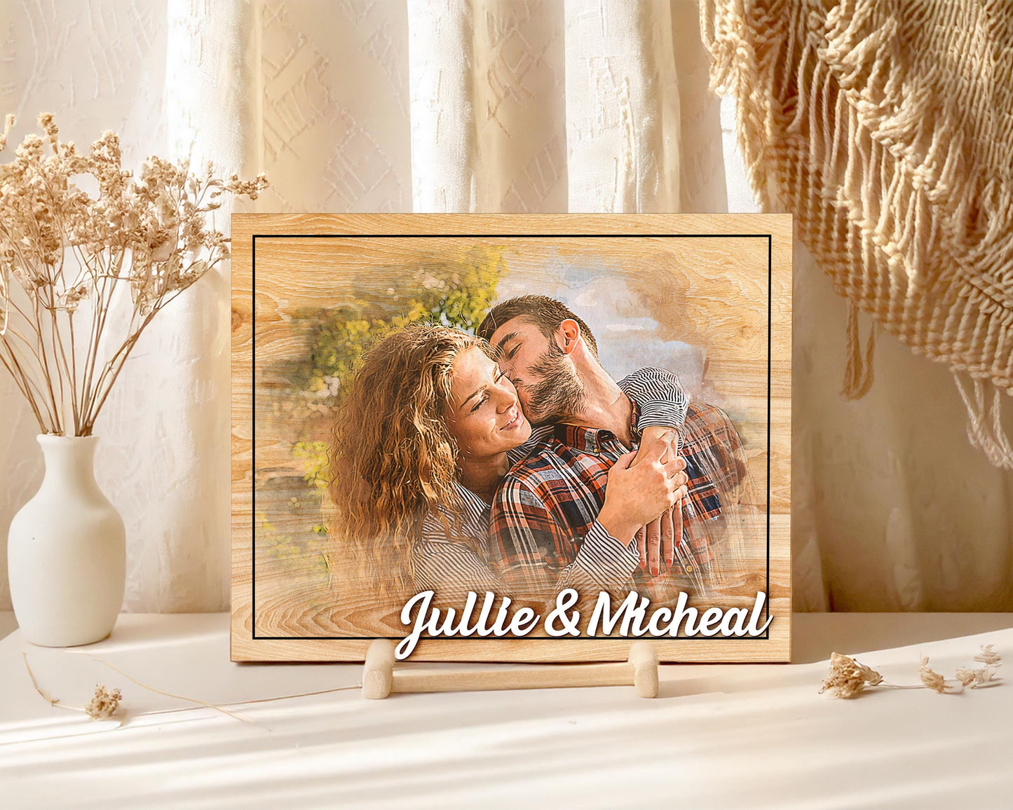 Custom Photo Frame,Photo on Wood with Watercolor Style,Couple Picture Frame Anniversary Wedding,Portrait from Photo,Long Distance Gift