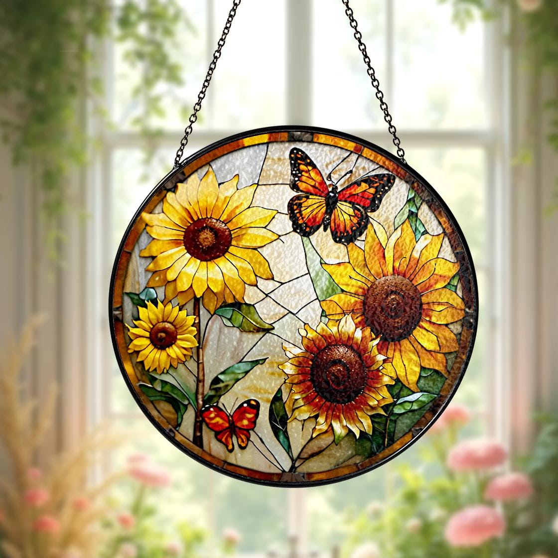 Monarch Butterfly Stained Glass Suncatcher Home Decor,Flowers Stained Glass Window Hanging,Butterfly Decor,Mother's Day Gift,Garden Lovers