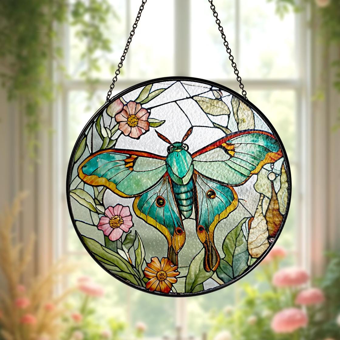 Luna Moth Butterfly Stained Glass Suncatcher,Butterfly Handmade Window Hanging,Nature Inspired Home Decor,Mother Day Gift,Modern Home Decor