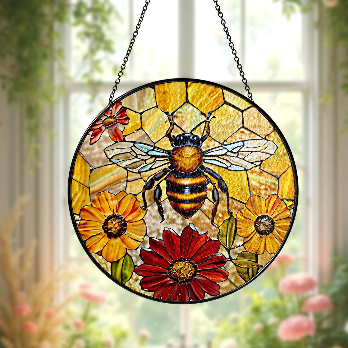 Honey Bee Sunflower Stained Glass Suncatcher Window Hanging,Honeybee Gift For Garden Lovers,Bee Stained Glass Suncatcher,Grandma Nana Gift