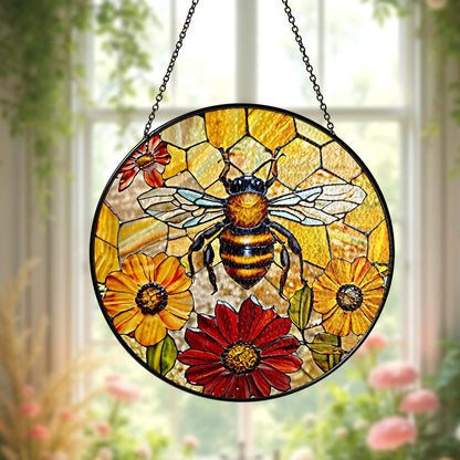 Honey Bee Sunflower Stained Glass Suncatcher Window Hanging,Honeybee Gift For Garden Lovers,Bee Stained Glass Suncatcher,Grandma Nana Gift