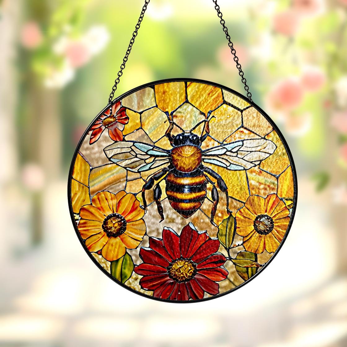 Honey Bee Sunflower Stained Glass Suncatcher Window Hanging,Honeybee Gift For Garden Lovers,Bee Stained Glass Suncatcher,Grandma Nana Gift