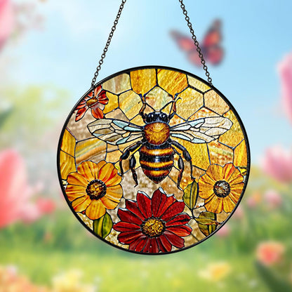 Honey Bee Sunflower Stained Glass Suncatcher Window Hanging,Honeybee Gift For Garden Lovers,Bee Stained Glass Suncatcher,Grandma Nana Gift