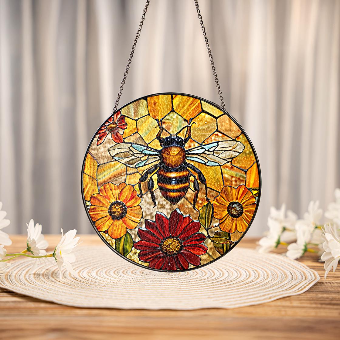 Honey Bee Sunflower Stained Glass Suncatcher Window Hanging,Honeybee Gift For Garden Lovers,Bee Stained Glass Suncatcher,Grandma Nana Gift