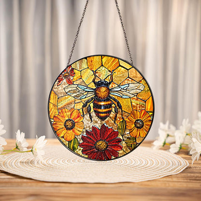 Honey Bee Sunflower Stained Glass Suncatcher Window Hanging,Honeybee Gift For Garden Lovers,Bee Stained Glass Suncatcher,Grandma Nana Gift
