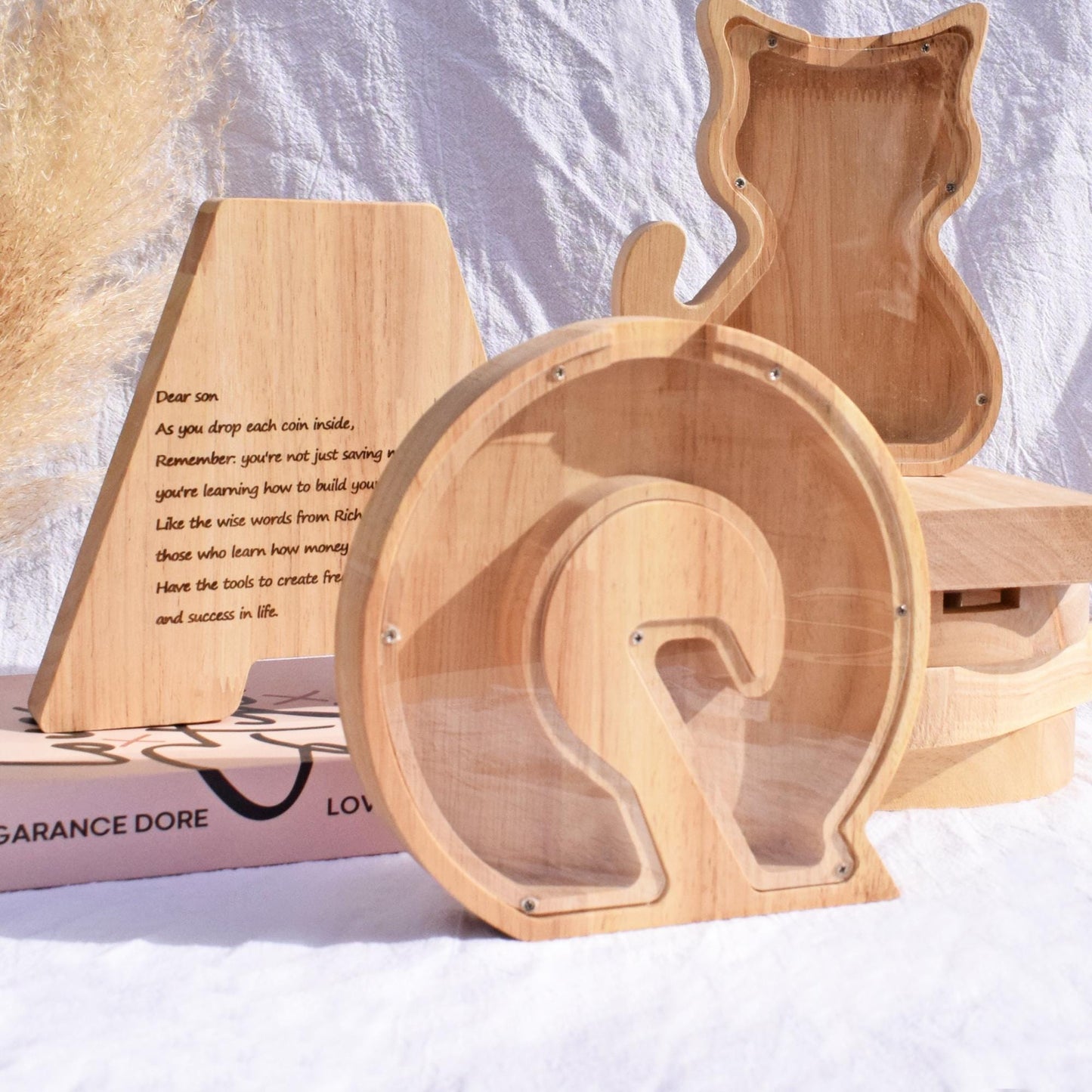 Wooden letter piggy bank with engraved quotes - teaches kids to save money and builds early financial habits,birthday gift for children