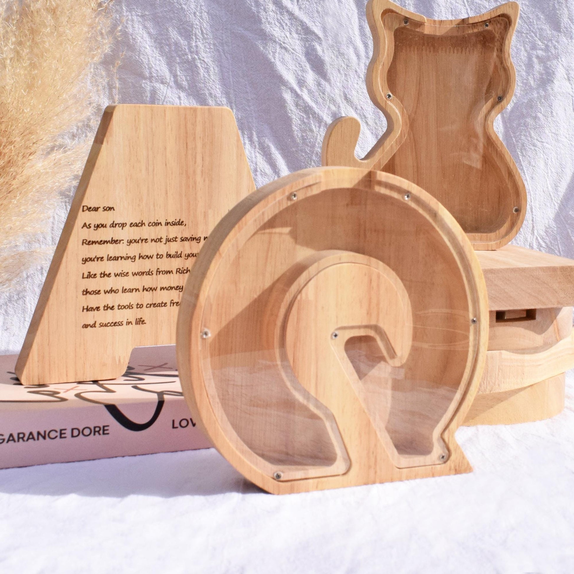 Wooden letter piggy bank with engraved quotes - teaches kids to save money and builds early financial habits,birthday gift for children