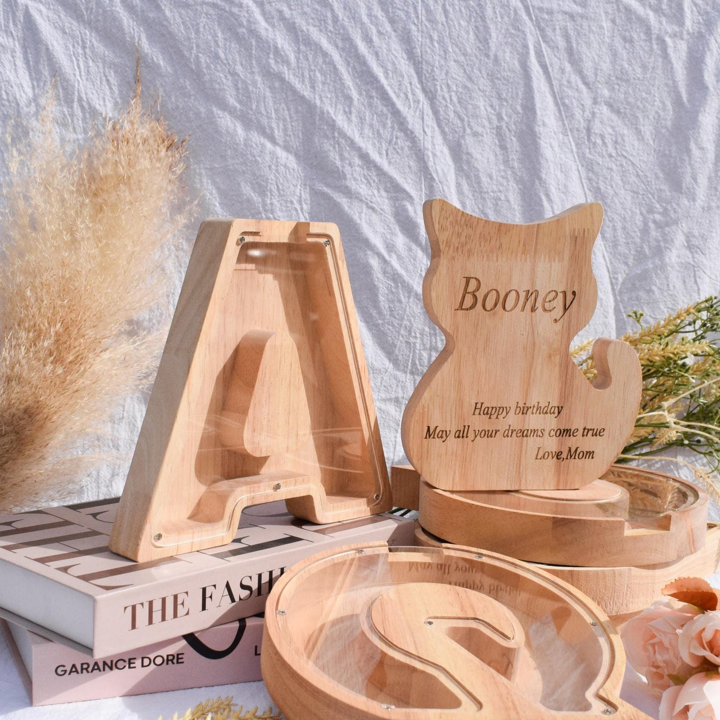 Wooden letter piggy bank with engraved quotes - teaches kids to save money and builds early financial habits,birthday gift for children